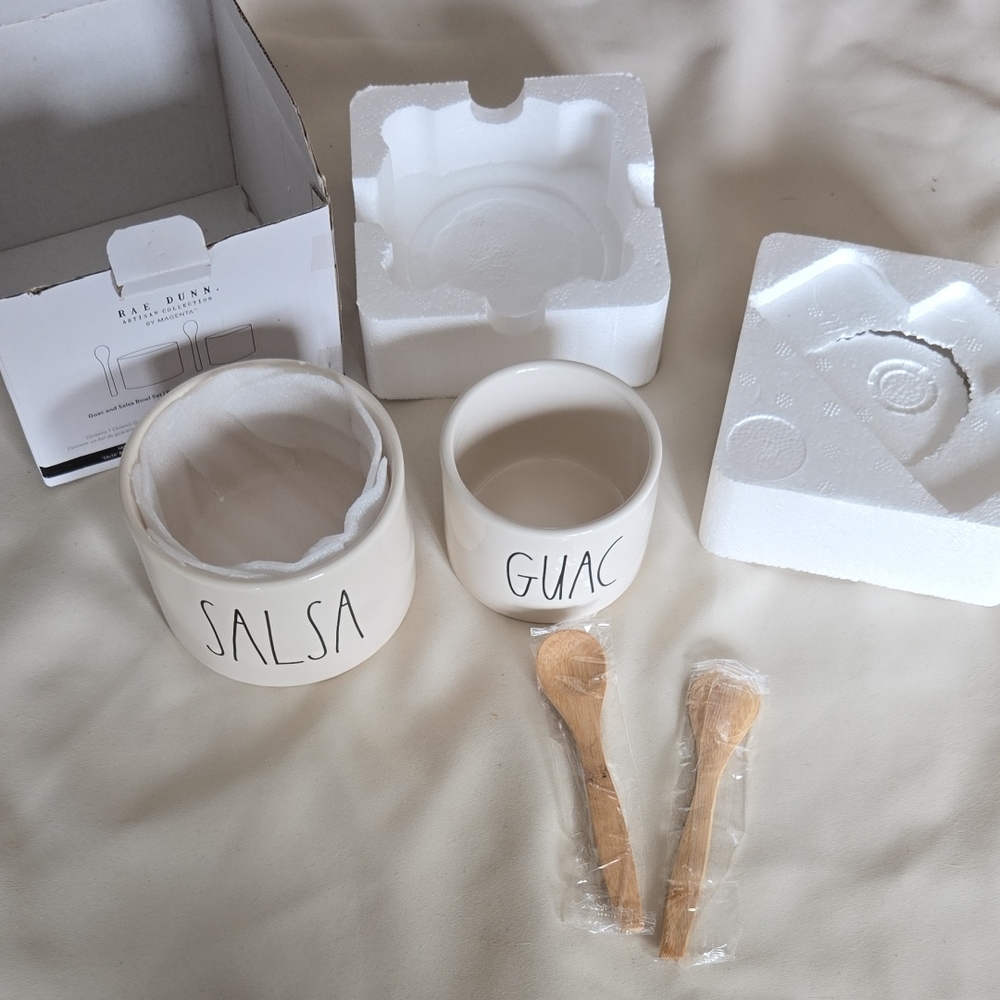 Rae Dunn White Salsa and Guac Bowls with Wooden Spoons